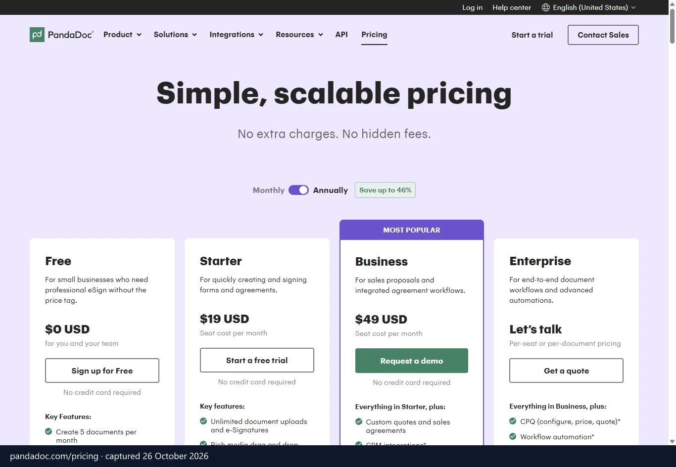 PandaDoc pricing page (pandadoc.com), screenshot captured 26 October 2026