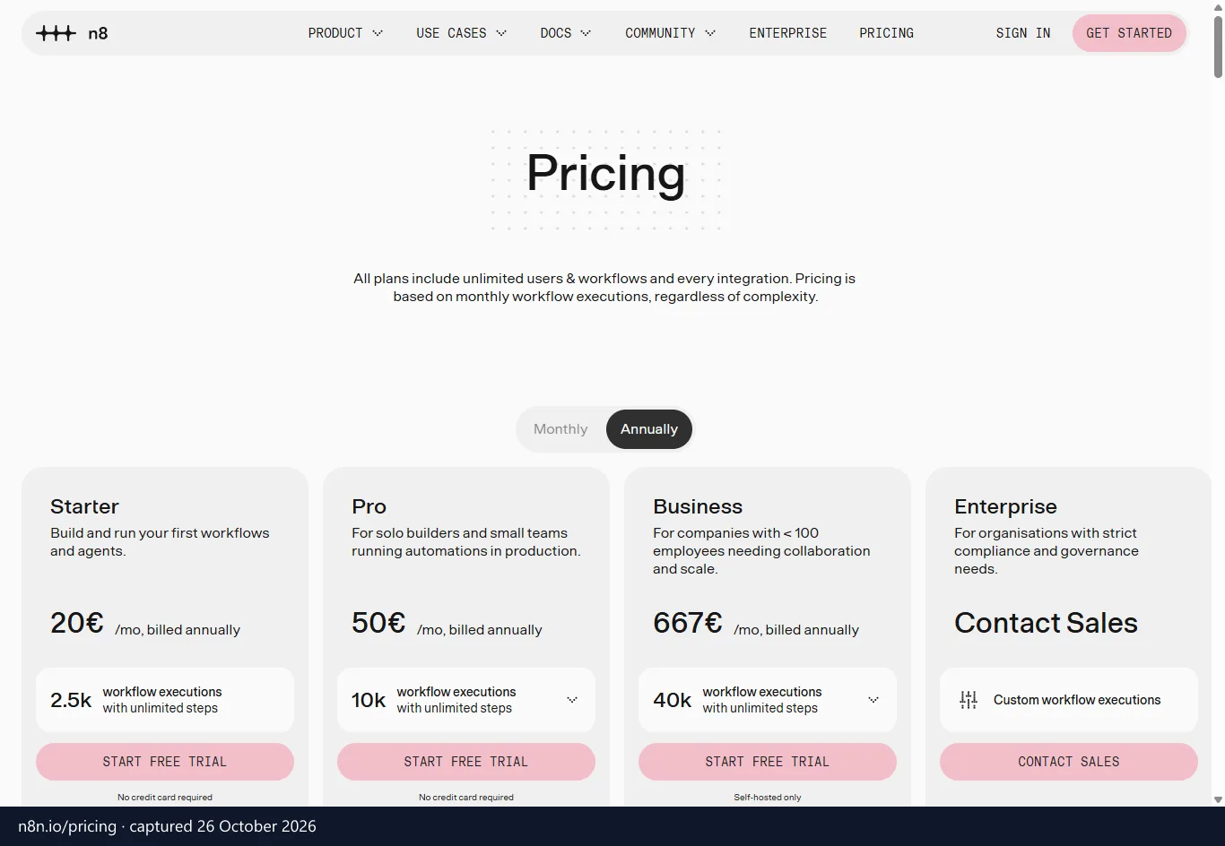 n8n pricing page (n8n.io), screenshot captured 26 October 2026