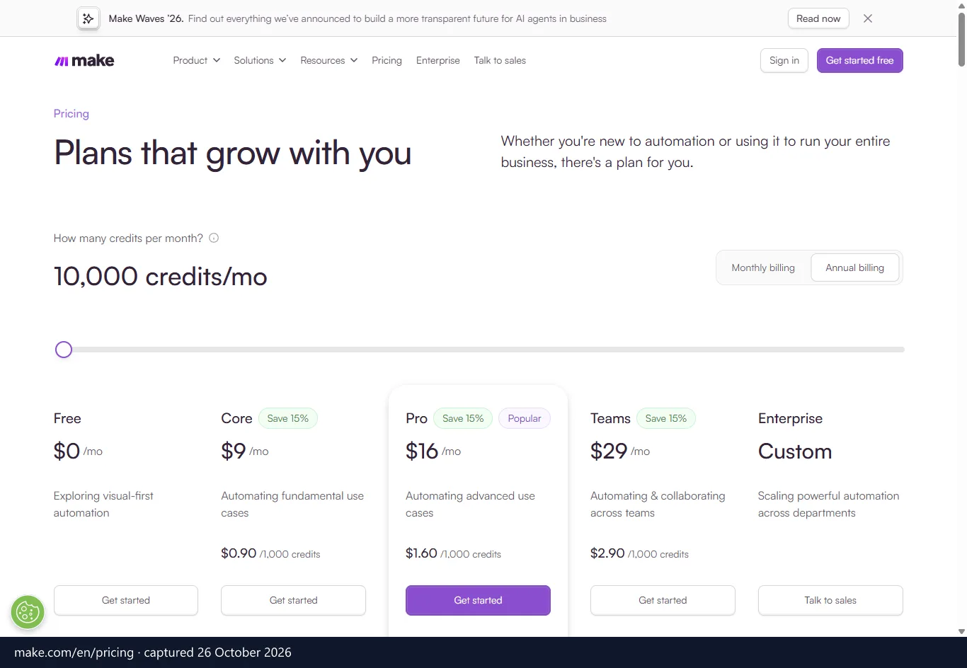 Make pricing page (make.com), screenshot captured 26 October 2026