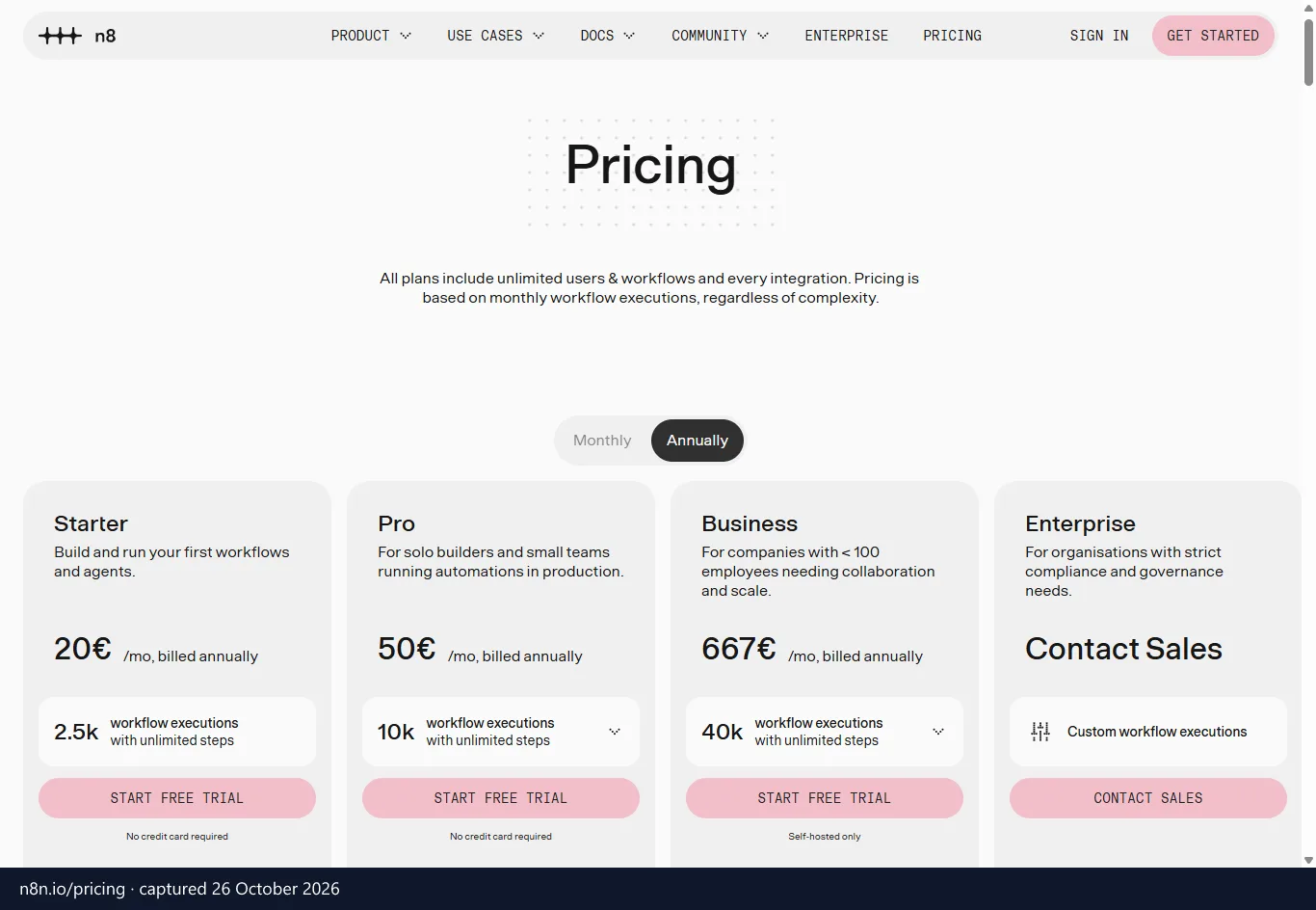 n8n pricing page (n8n.io), screenshot captured 26 October 2026