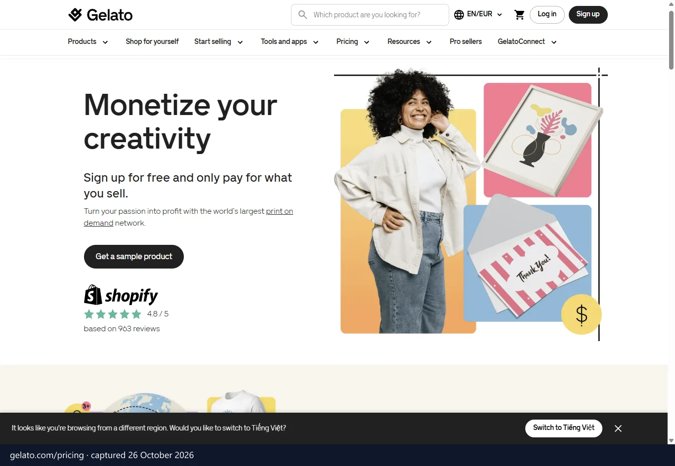 Gelato pricing page (gelato.com), screenshot captured 26 October 2026