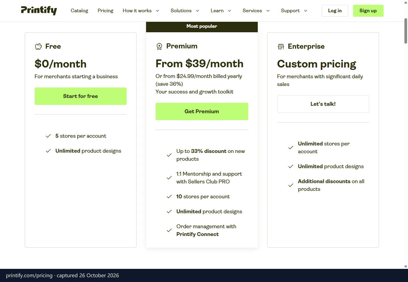 Printify pricing page (printify.com), screenshot captured 26 October 2026