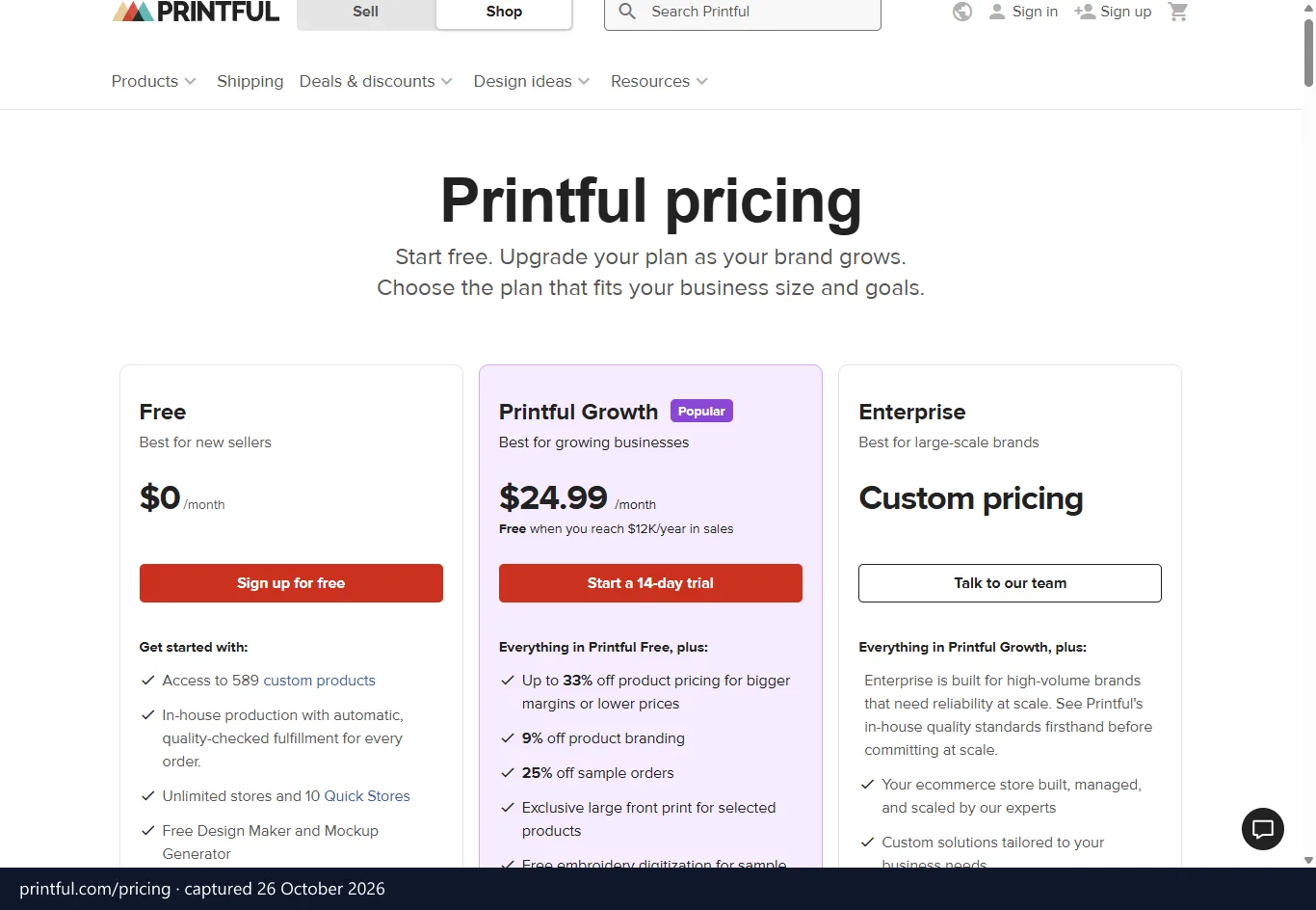 Printful pricing page (printful.com), screenshot captured 26 October 2026