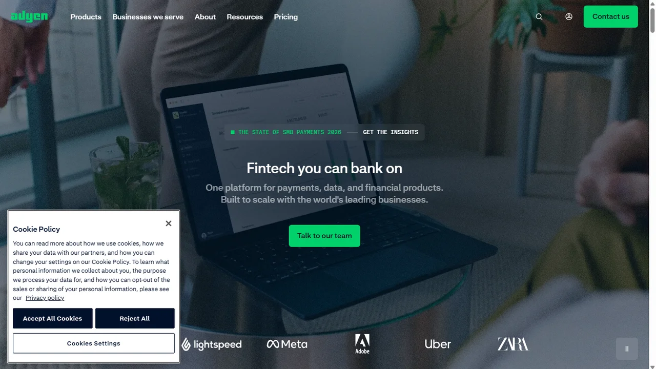 Adyen unified Customer Area showing global authorization rates, settlements, and Interchange++ metrics