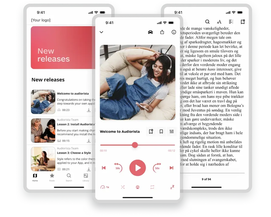 Audiorista no-code mobile app builder interface displaying audio tracks and layout editor