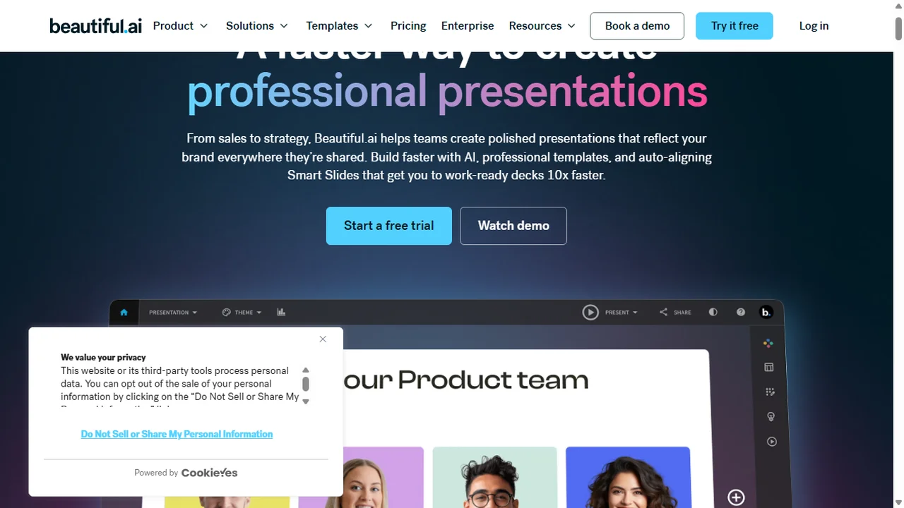 Beautiful.ai intelligent slide workspace with automatic design formatting