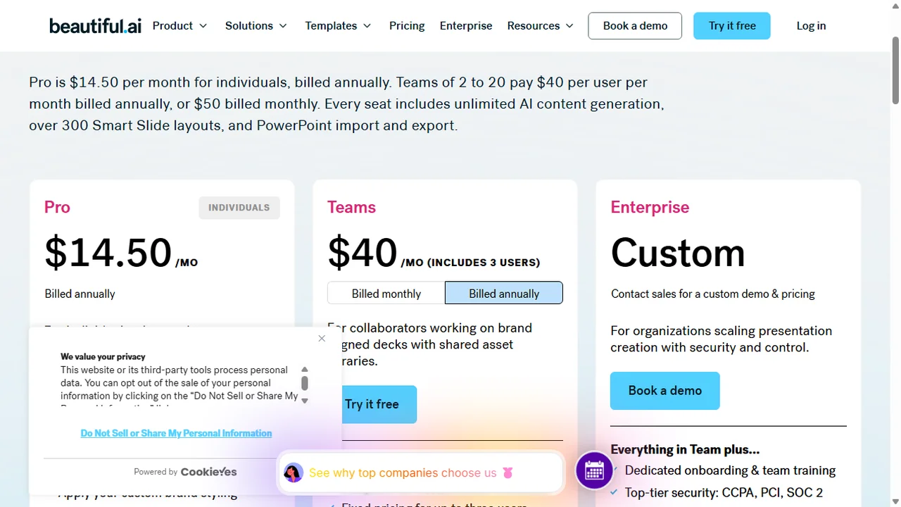 Beautiful.ai Pro and Team subscription tiers