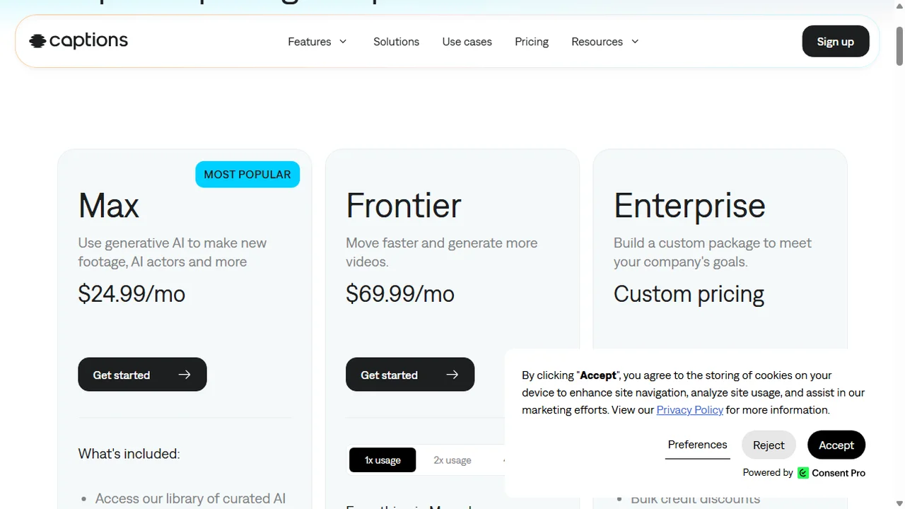 Captions Creator and Scale subscription plans