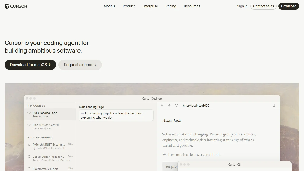 Cursor AI code editor interface featuring intelligent codebase indexing and inline multi-file chat