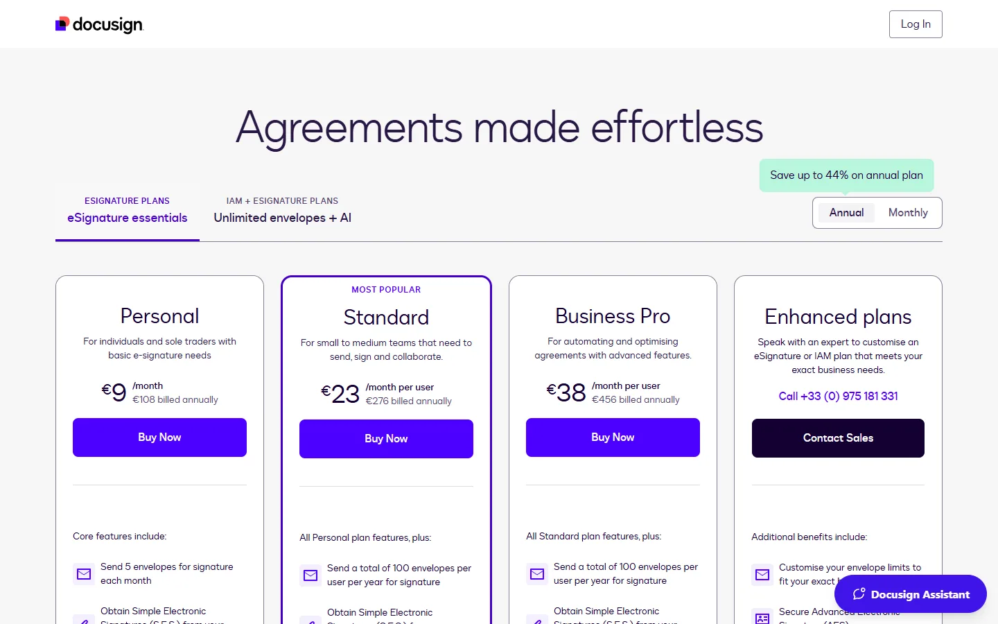 Docusign eSignature pricing page in euros: Personal, Standard, Business Pro and Enhanced plans