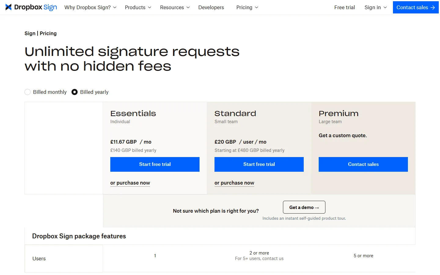 Dropbox Sign pricing page: Essentials, Standard and Premium plans