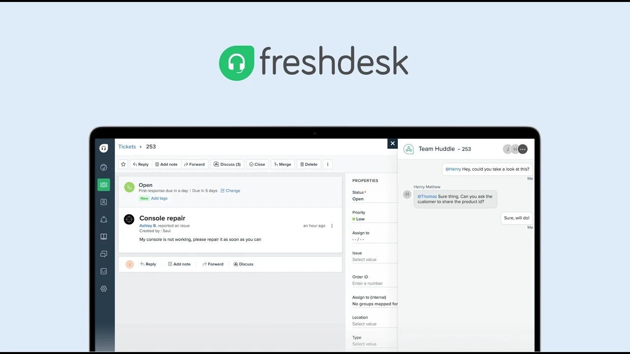 Freshdesk customer support dashboard showing unresolved tickets, open SLAs, and response time metrics
