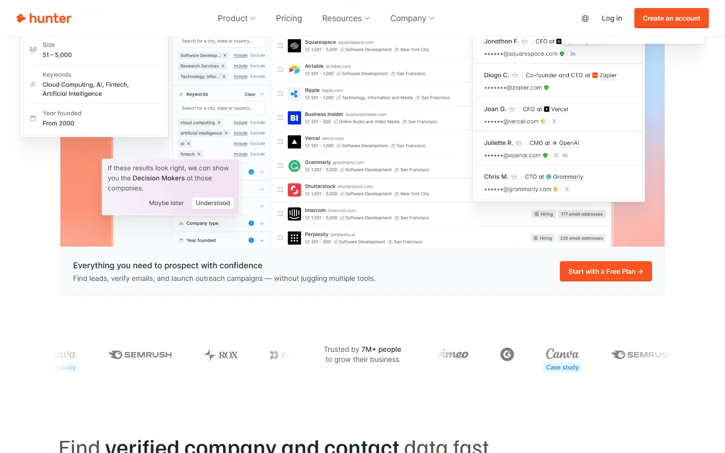 Company search and verified emails