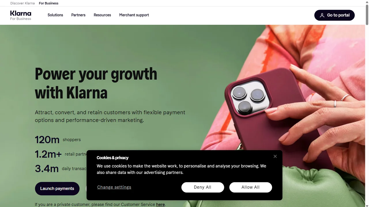 Klarna merchant portal overview showing sales volume, order settlements, and BNPL performance