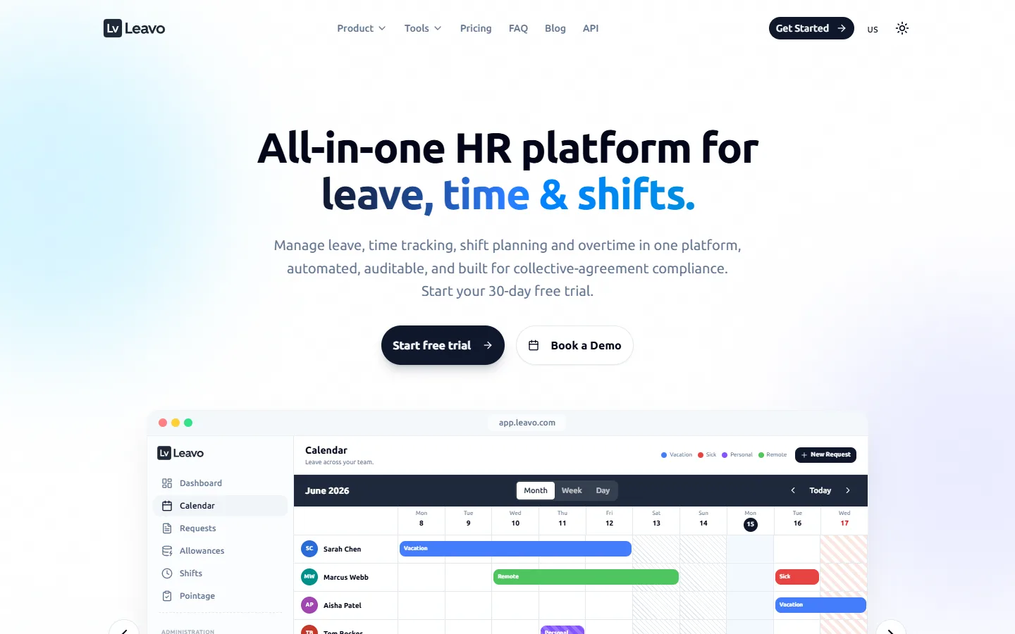 Leavo pricing page: Free trial, Professional and Premium plans for leave and time management