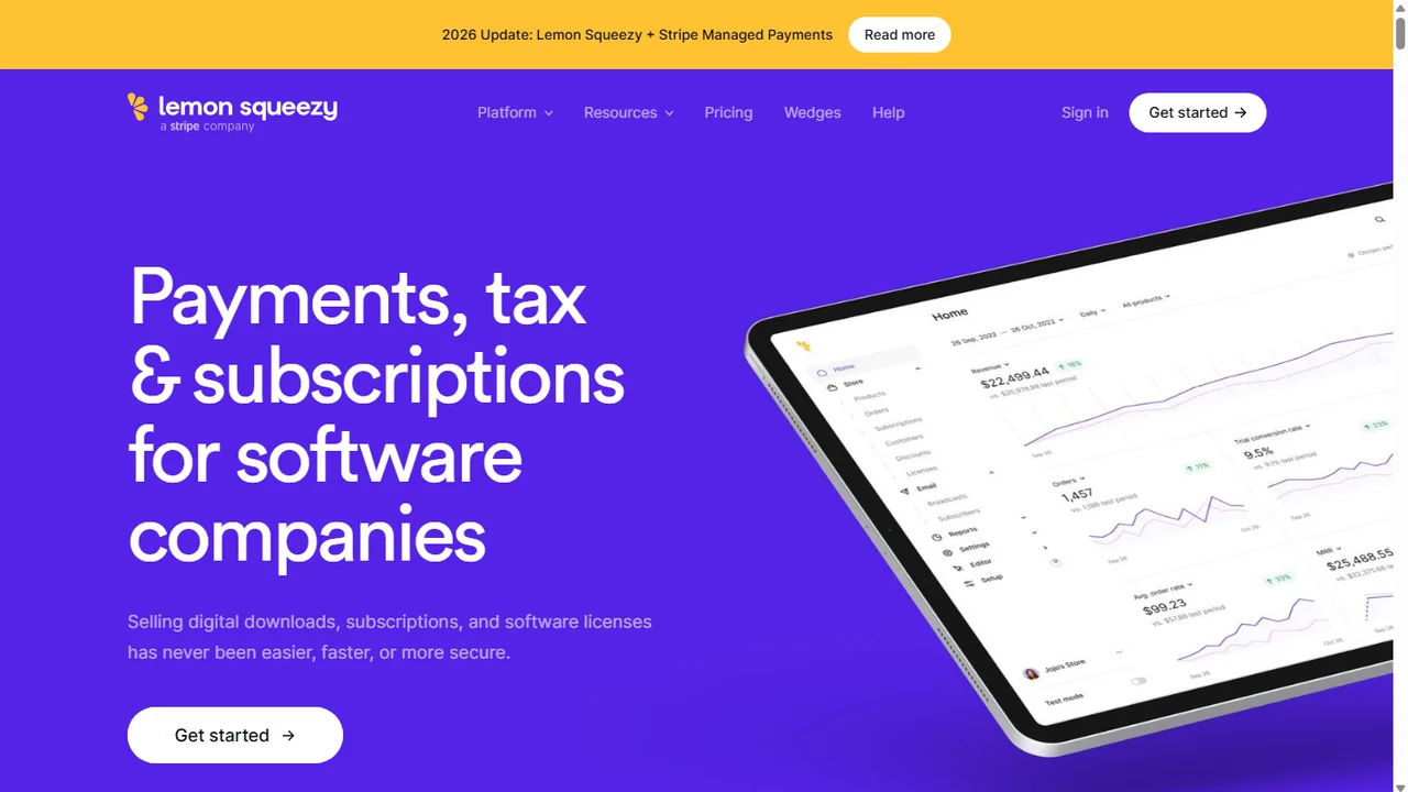 Lemon Squeezy store dashboard displaying digital product orders, SaaS MRR, and global tax handling