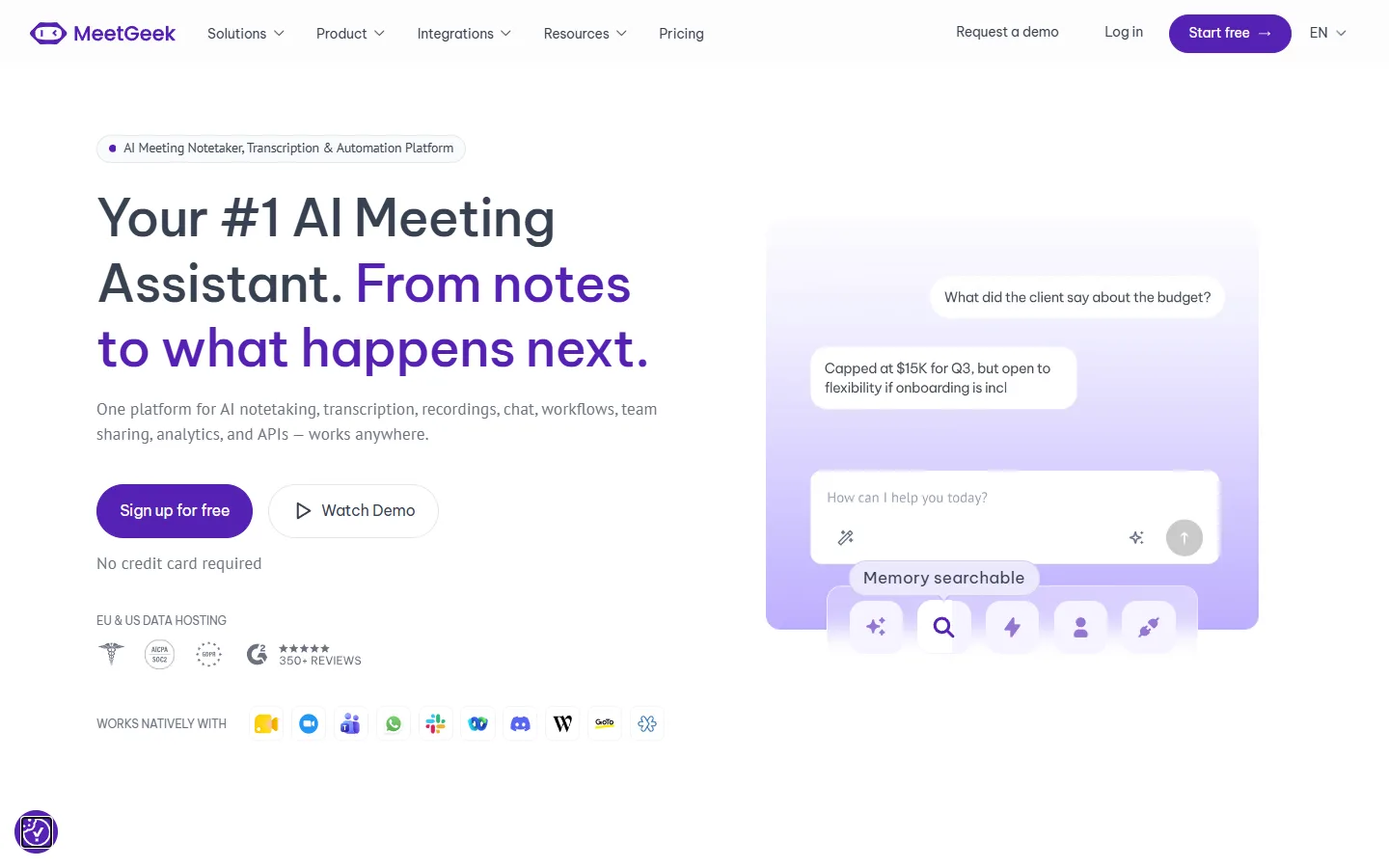Pagina prezzi di MeetGeek: piani Basic, Pro, Business ed Enterprise dell’assistente di riunioni IA in dollari