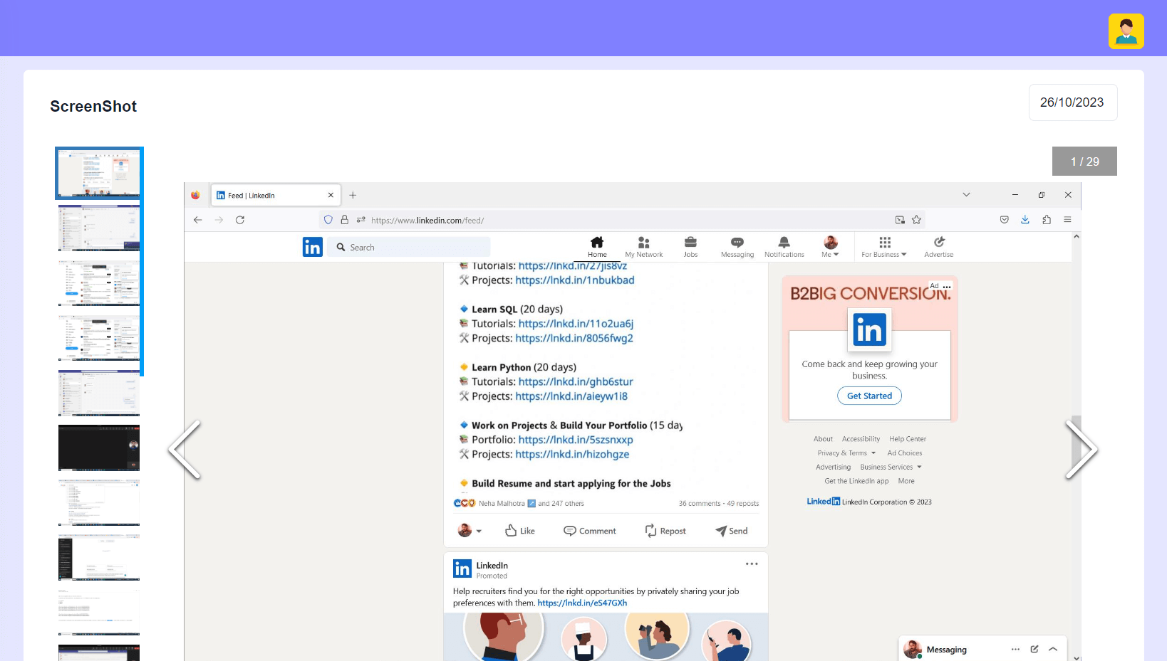 Work visibility & optional screenshots