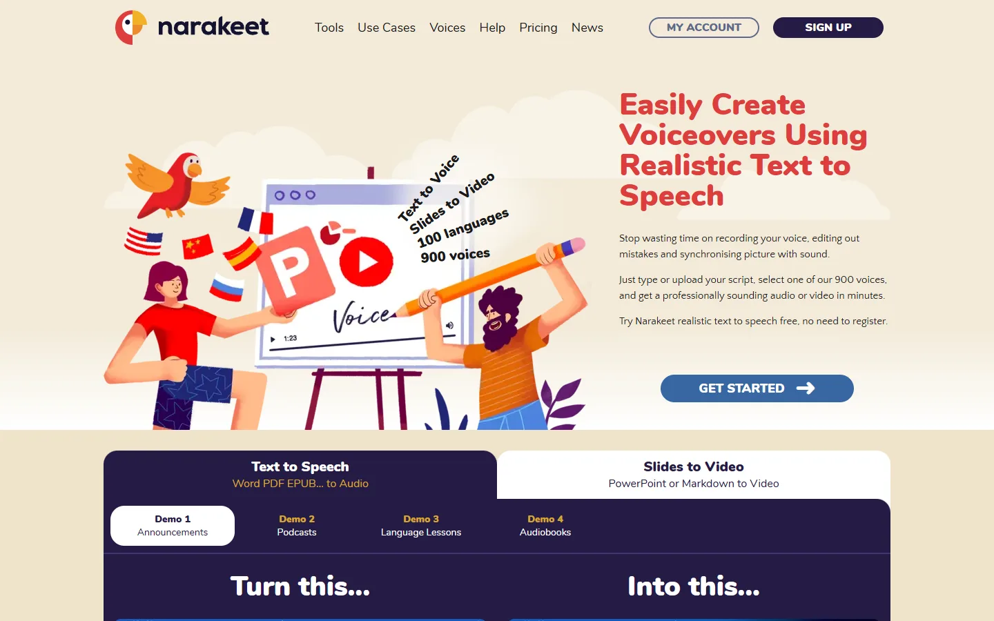 Home page di Narakeet: convertire testo in voce e creare video narrati