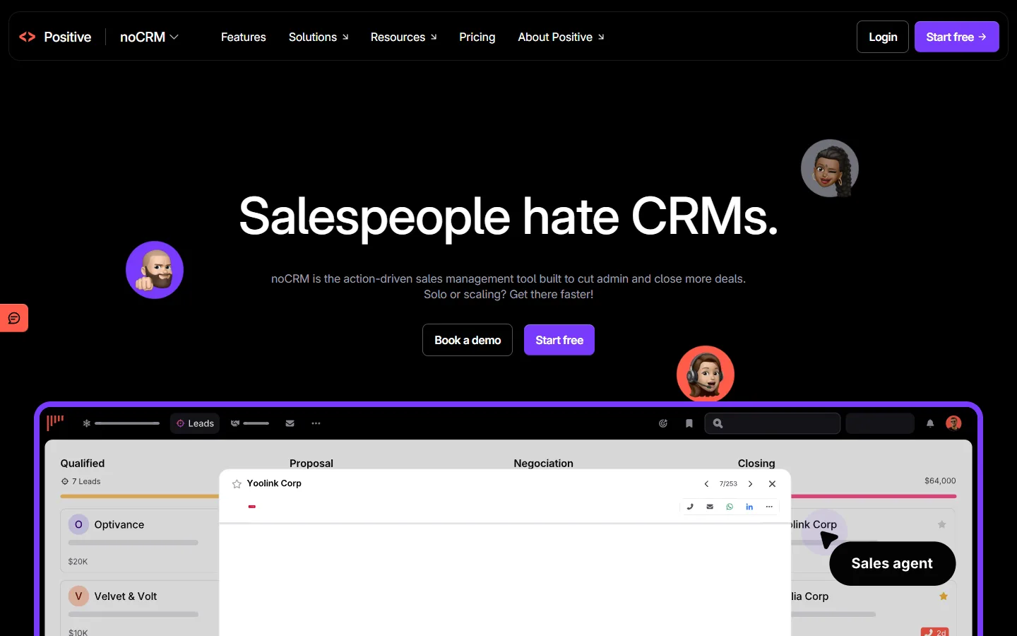 noCRM home page: a sales CRM for leads, follow-ups and next steps