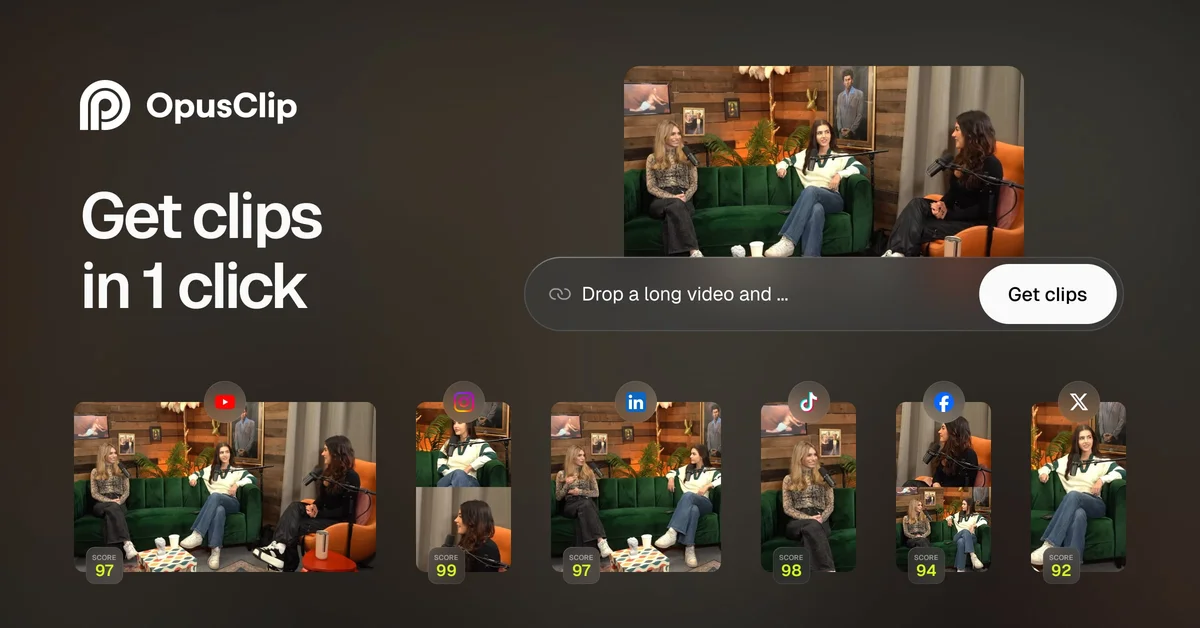 OpusClip dashboard showing video processing, clips selection, and virality scores
