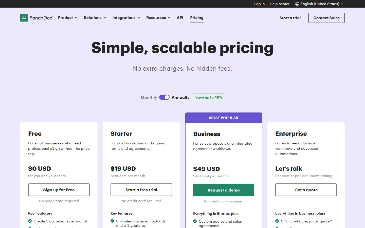 PandaDoc pricing page: Free, Starter, Business and Enterprise plans