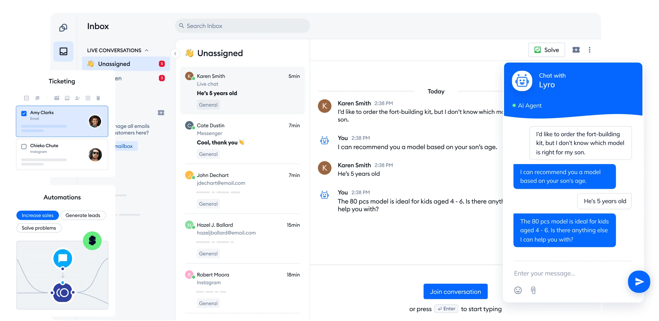 Tidio live chat widget on website with pre-chat lead capture and agent response