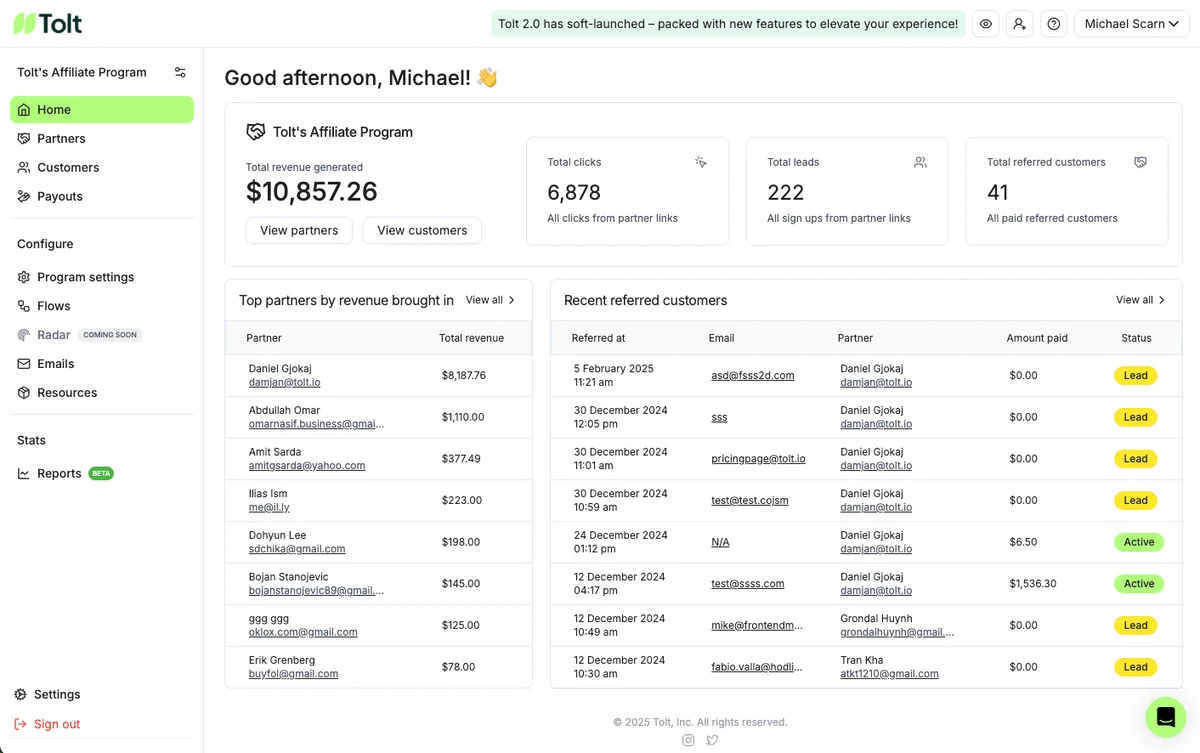 Pannello di amministrazione intuitivo di Tolt con metriche di fatturato live e gruppi di affiliati