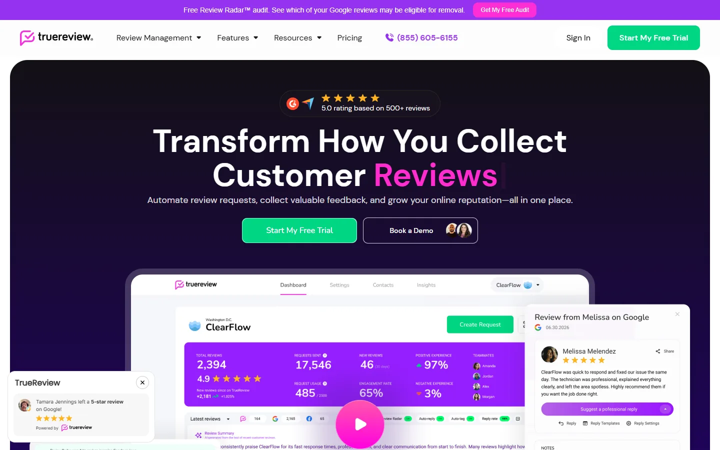 TrueReview home page: automate review requests and grow your online reputation