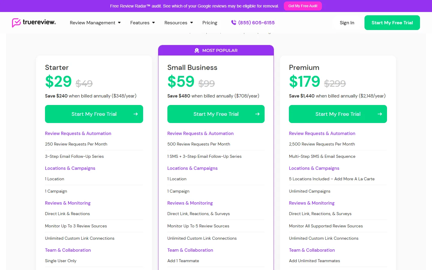Starter, Small Business and Premium plans