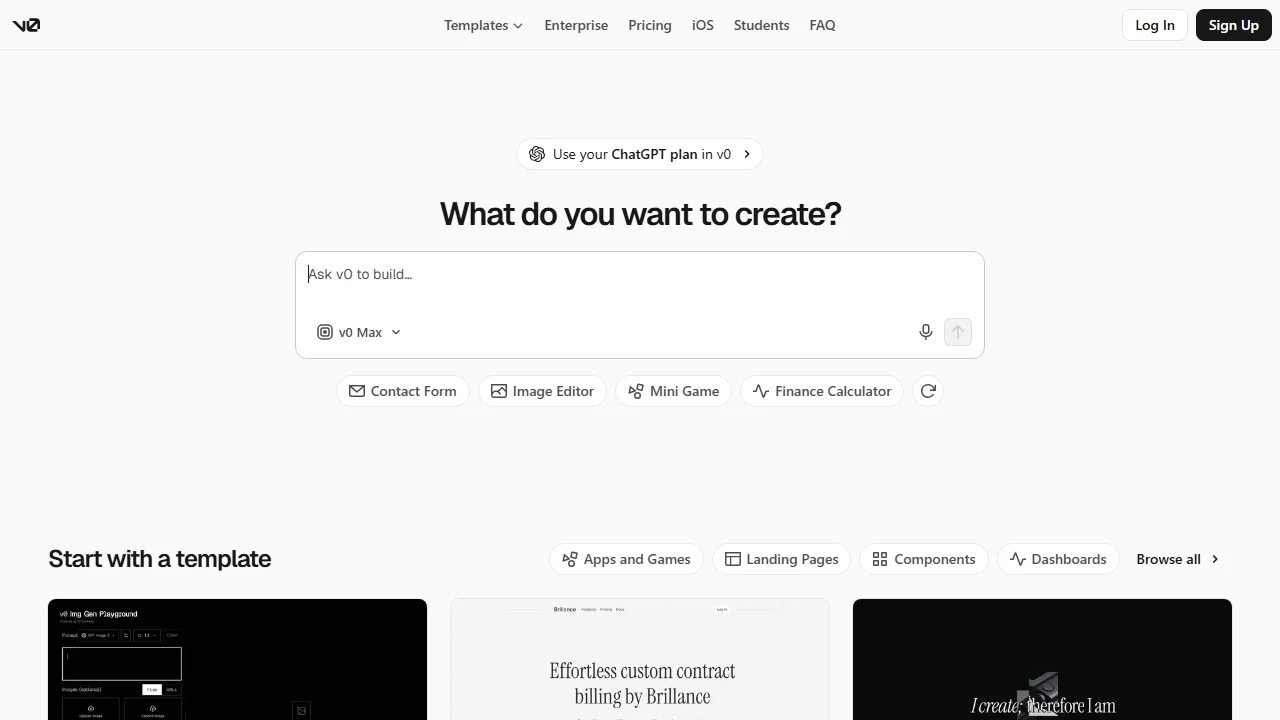 v0 by Vercel AI generative user interface canvas and live React component preview