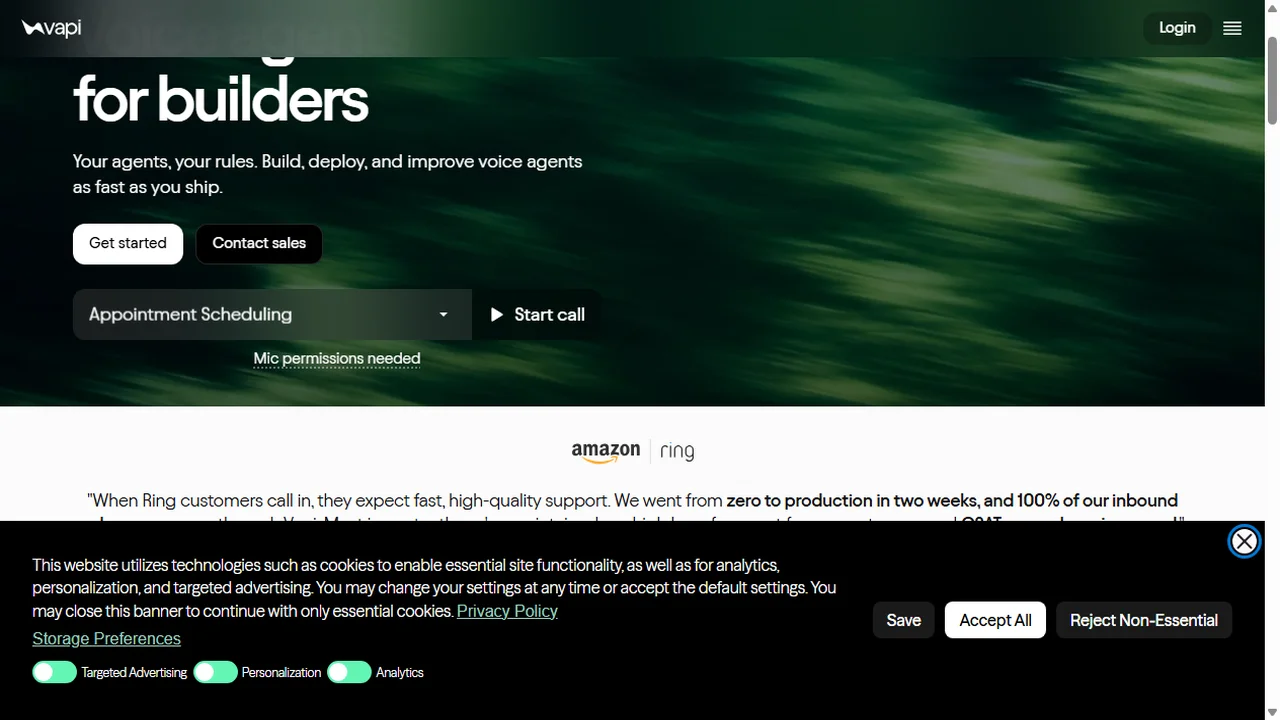 Vapi voice AI developer dashboard and assistant creation interface