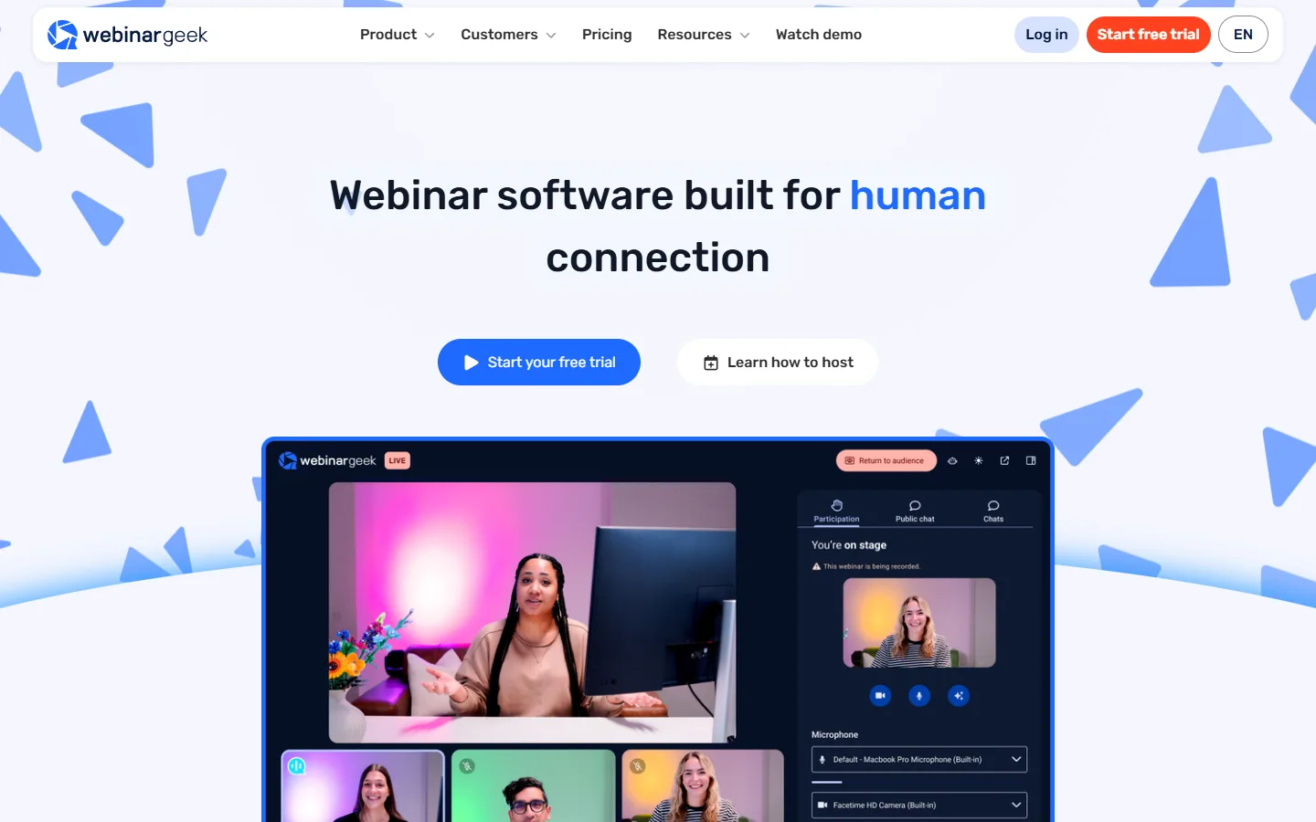 WebinarGeek home page: webinar software built for human connection