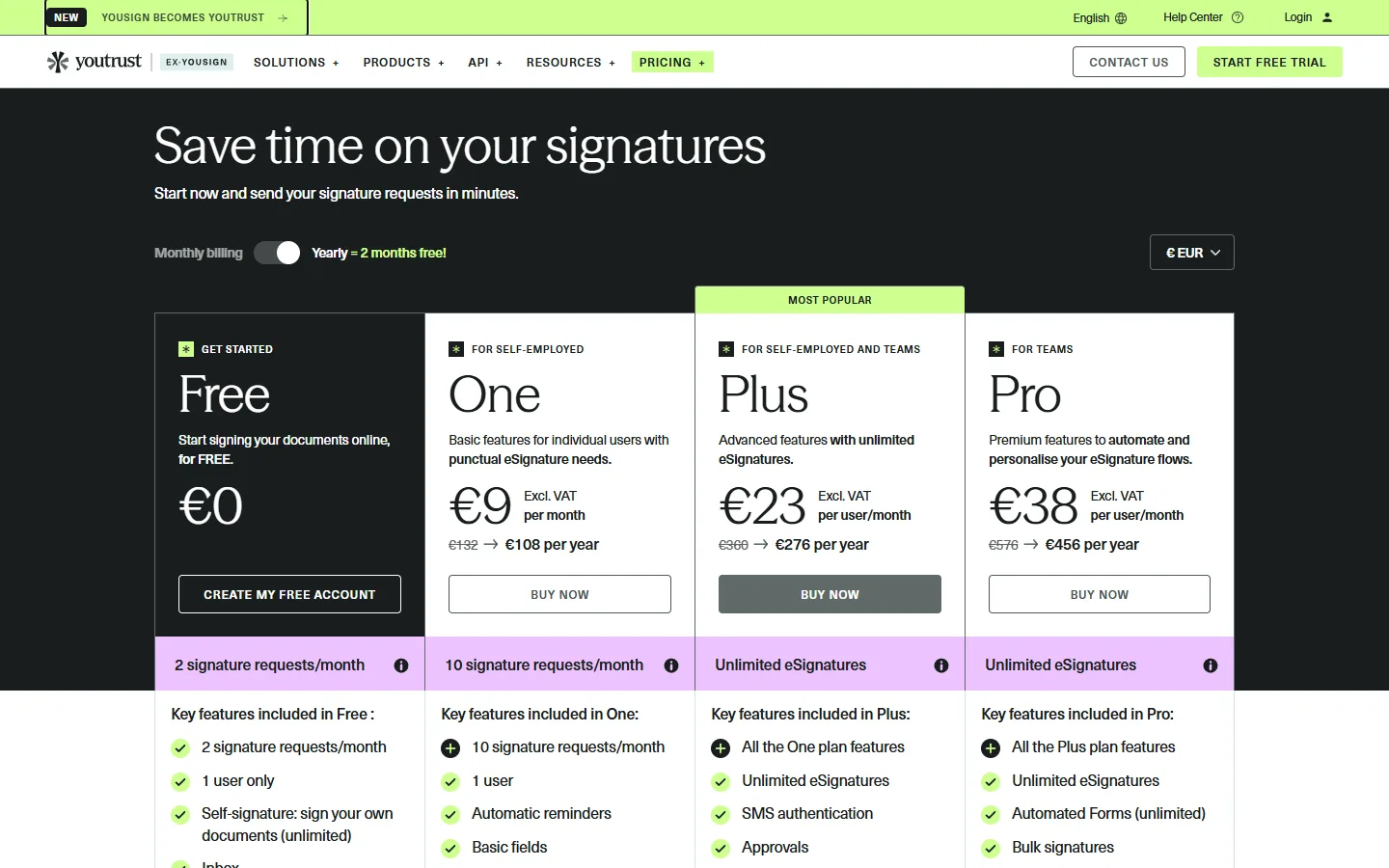 Yousign pricing page in euros: Free, One, Plus and Pro plans